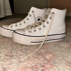 Converse White High-Top Leather Platform Sneakers with Black Trim